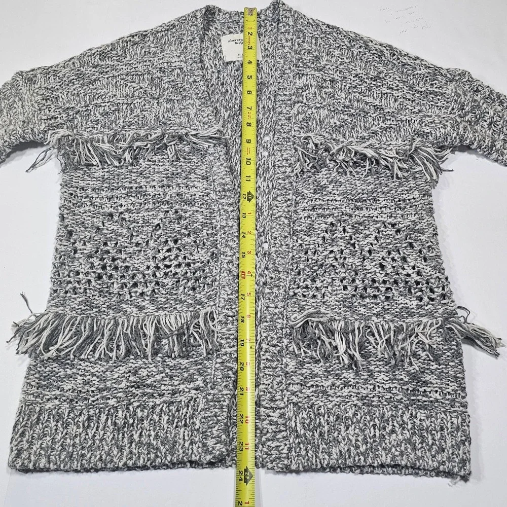 Abercrombie Kids Girls Grey Marled Fringe Pointelle Open Front Cardigan Sz 11/12